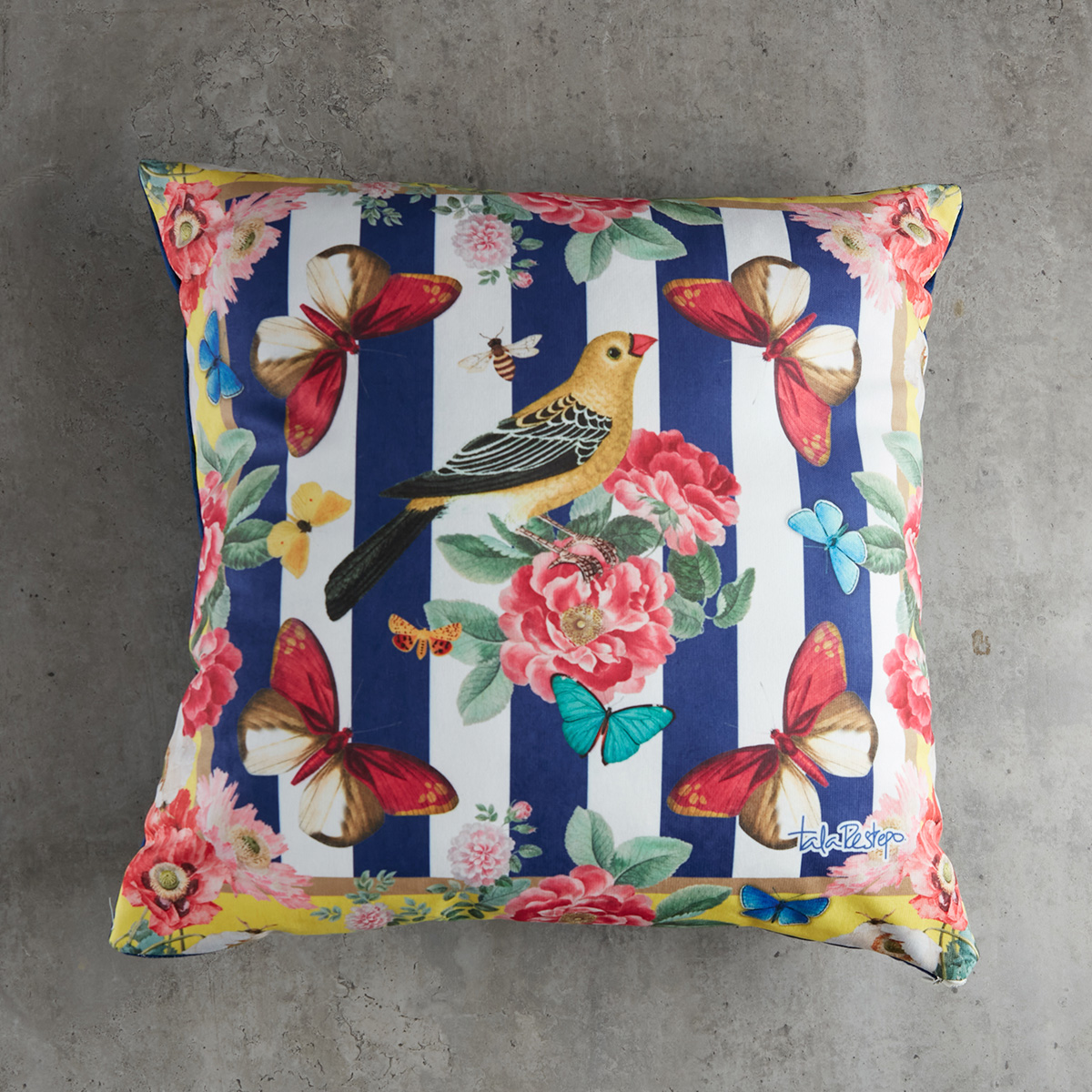 Cojín Pajaro Azul Rayas 42 x 42 cm