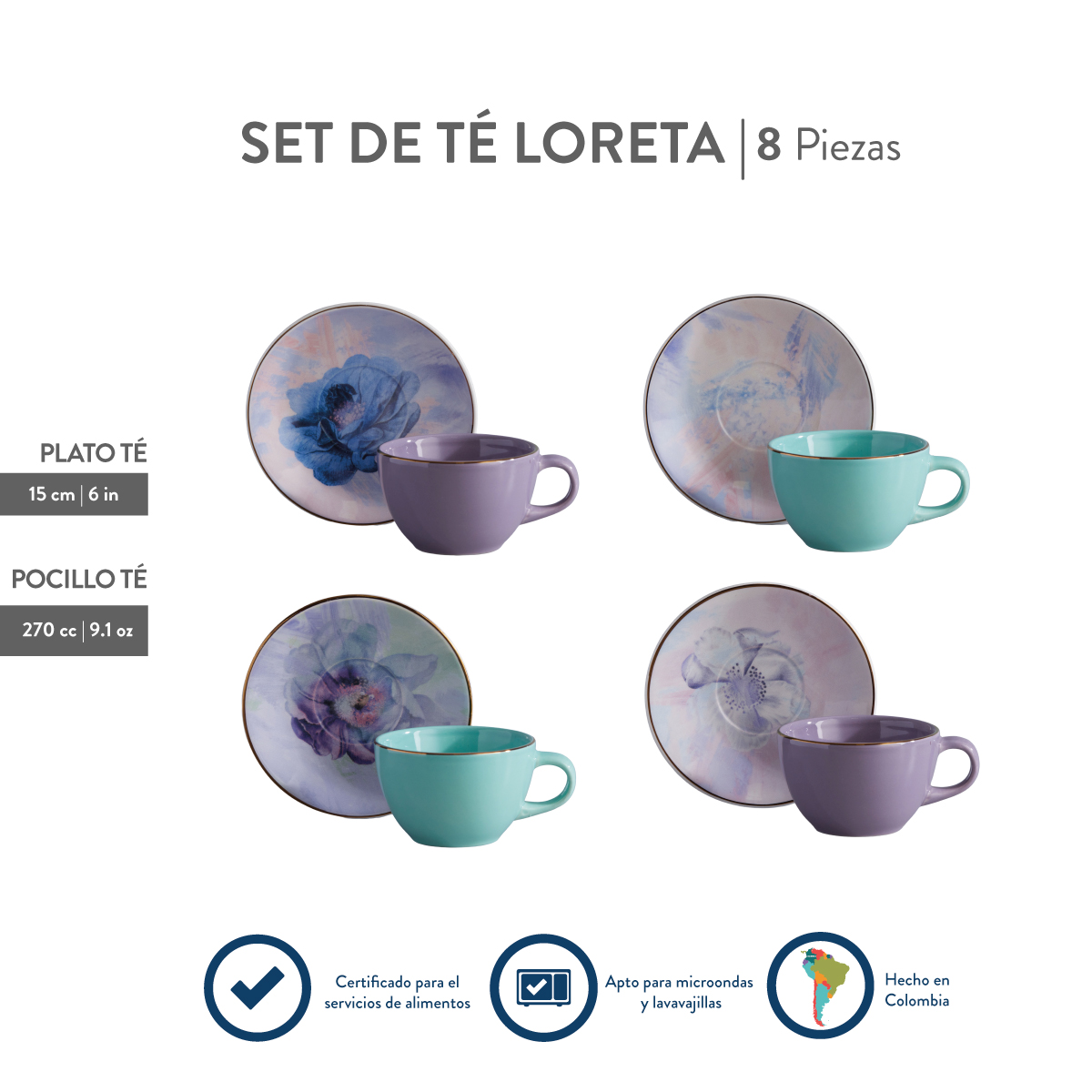Set de Té 4 Puestos 8 Piezas 249.6ml Loreta