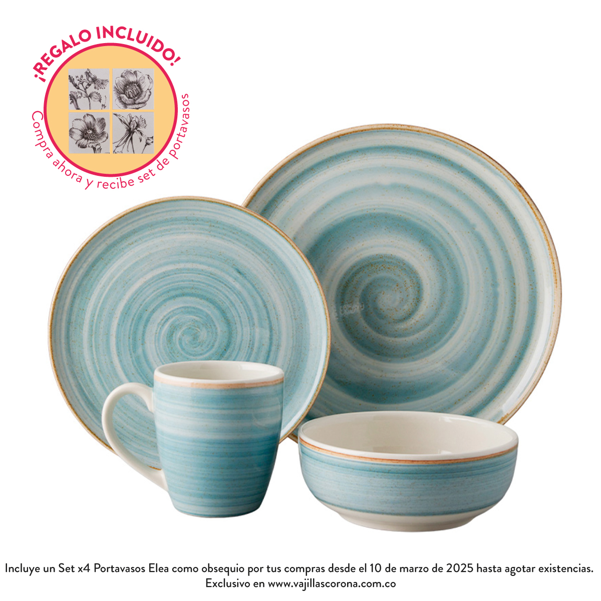 Vajilla Corona Caoba Azul 4 Puestos 16 Piezas + Set x4 Portavasos Elea