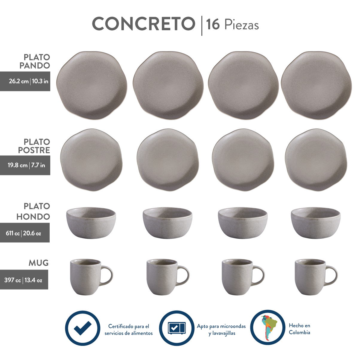 Vajilla Corona Concreto Reactivo 4 Puestos 16 Piezas