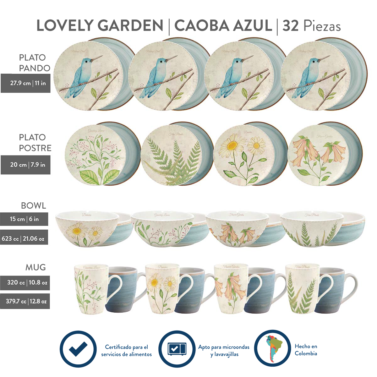 Vajilla Corona Combo Lovely + Caoba Azul 8 Puestos 32 Piezas